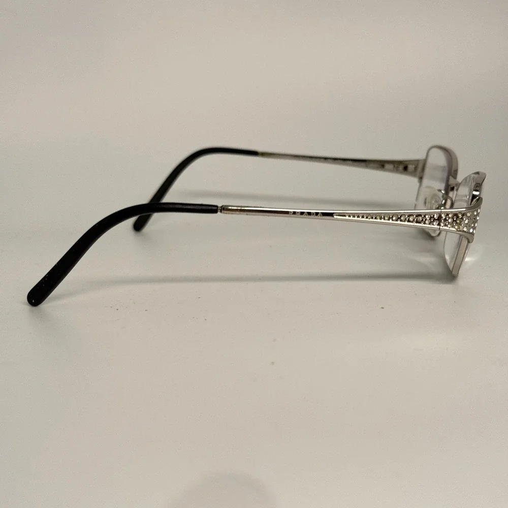 Prada VPR 67H Silver‎ Rhinestone Rectangle Eyeglasses 51-16-130 1BC-1O1 Metal